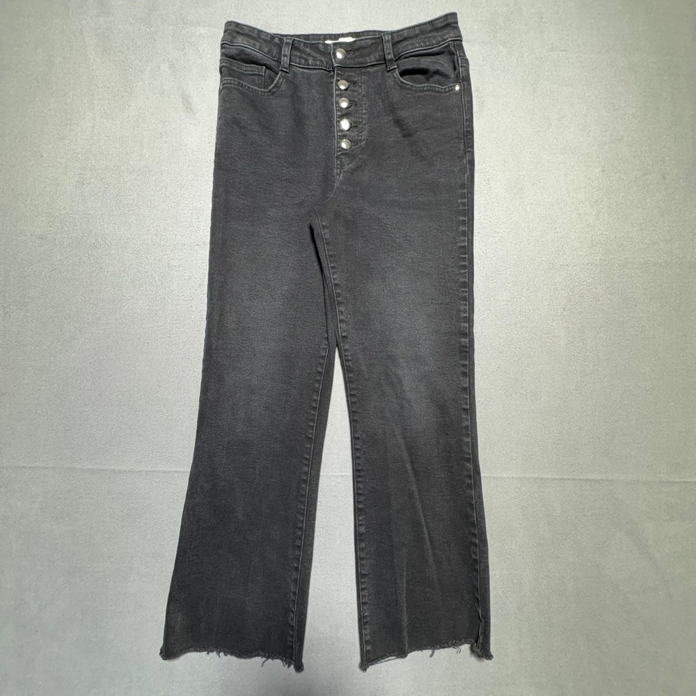 Zara Womens High Waist Flare Jeans 25.5" Black Button Fly Raw Hem Size 6 EUR 38
